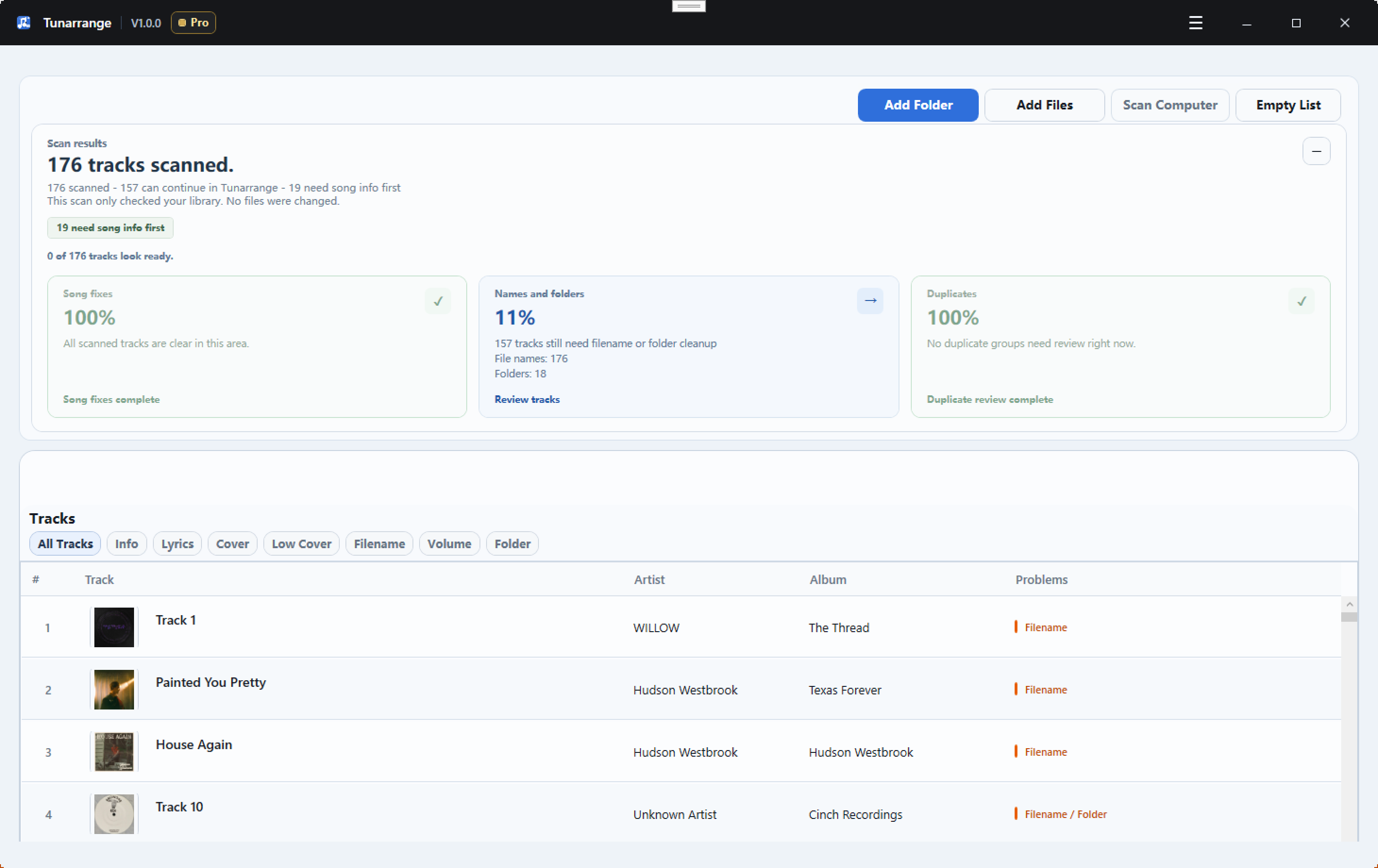 Tunarrange music library cleanup interface