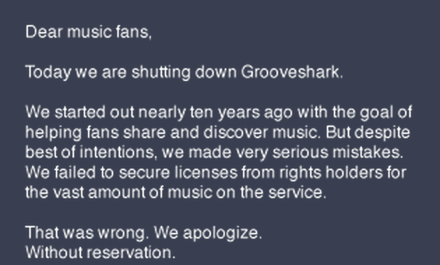grooveshark shutdown apology letter 2015