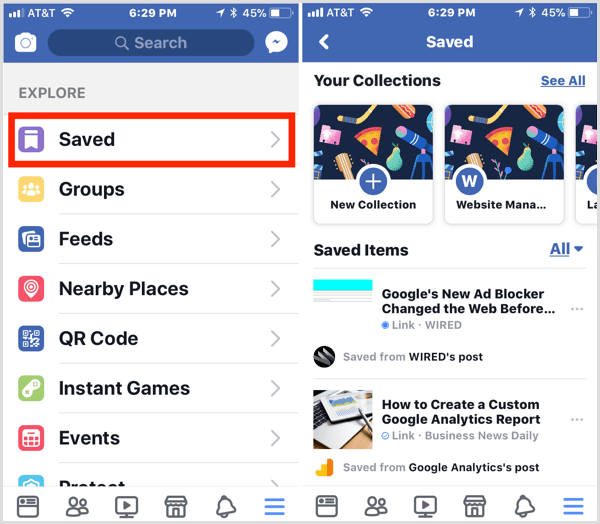 facebook saved items on mobile