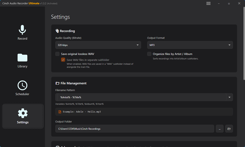 Cinch Audio Recorder Ultimate Settings